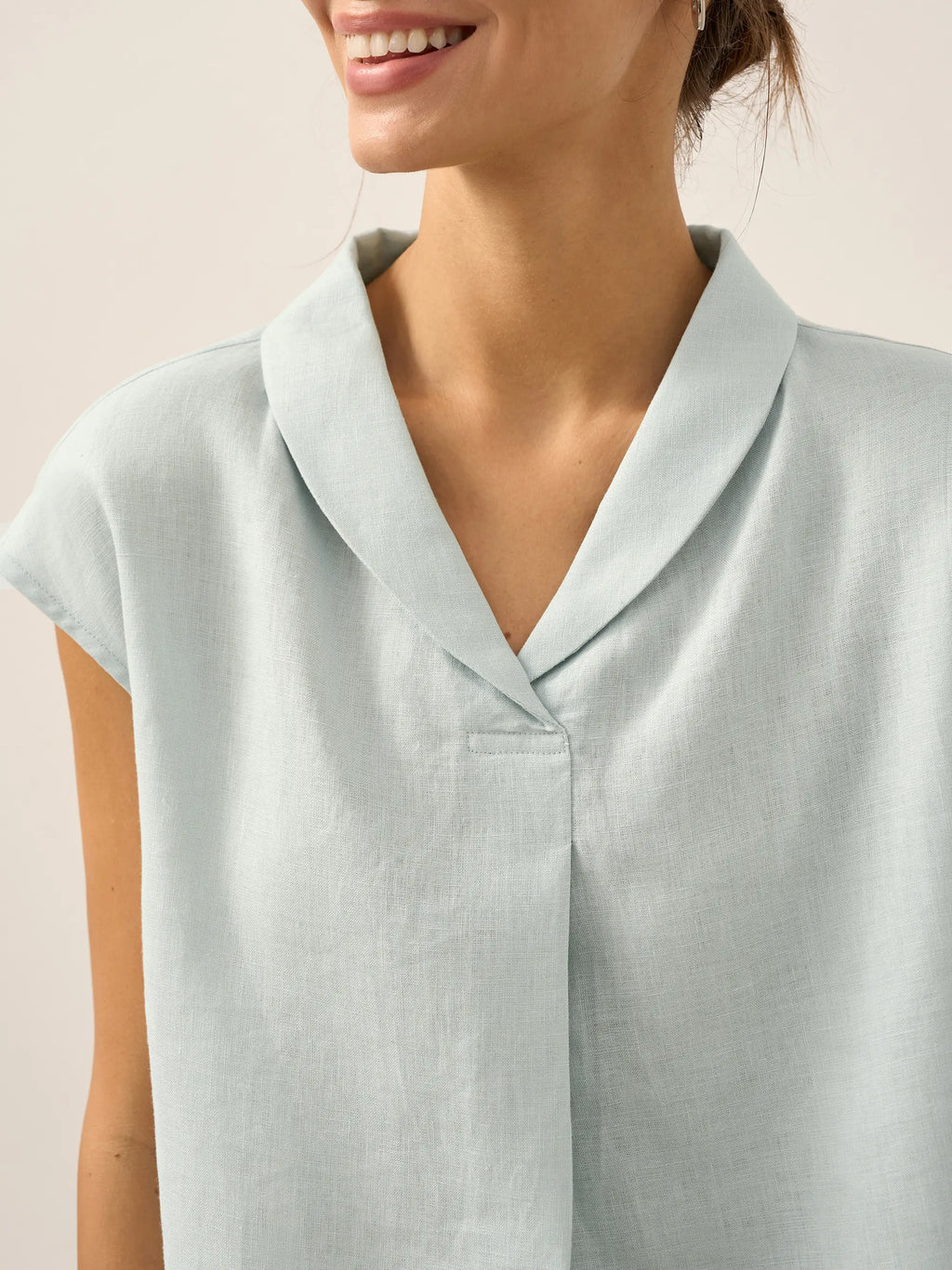 100% Linen Shawl V-Neck Cap Sleeves Top ELARA