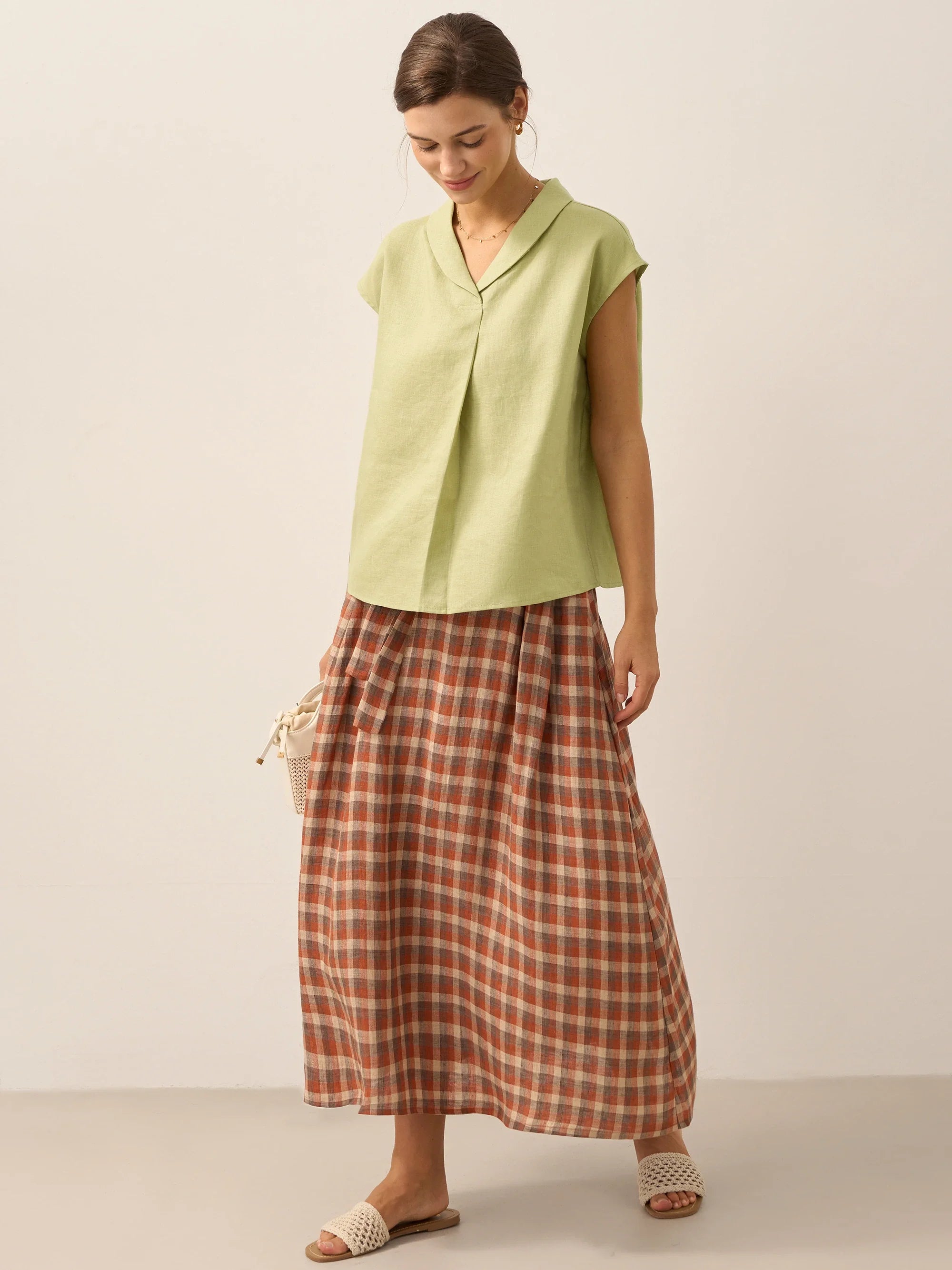 100% Linen Shawl V-Neck Cap Sleeves Top ELARA