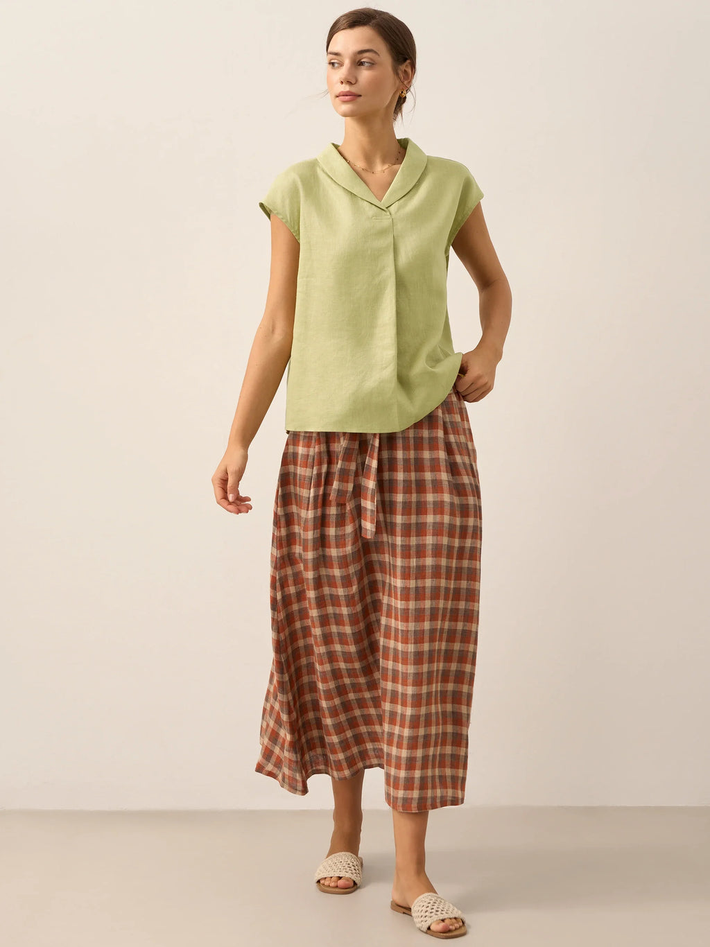100% Linen Shawl V-Neck Cap Sleeves Top ELARA