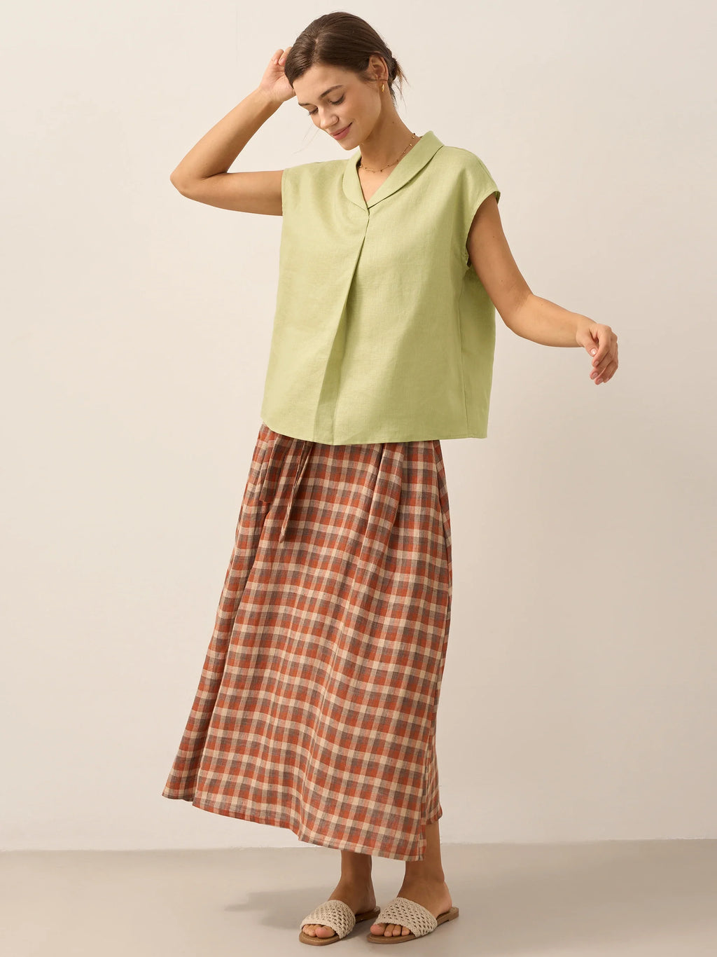 100% Linen Shawl V-Neck Cap Sleeves Top ELARA